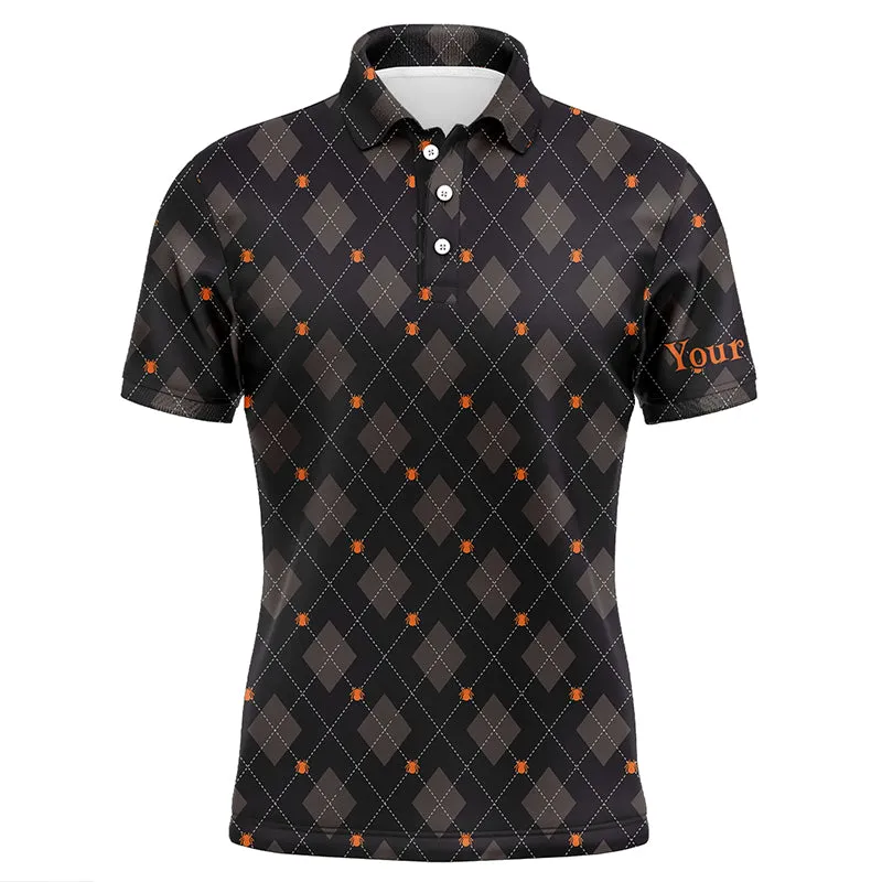 Halloween Black Argyle Pattern Spider Mens Golf Polo Shirts Custom Mens Halloween Golf Shirts