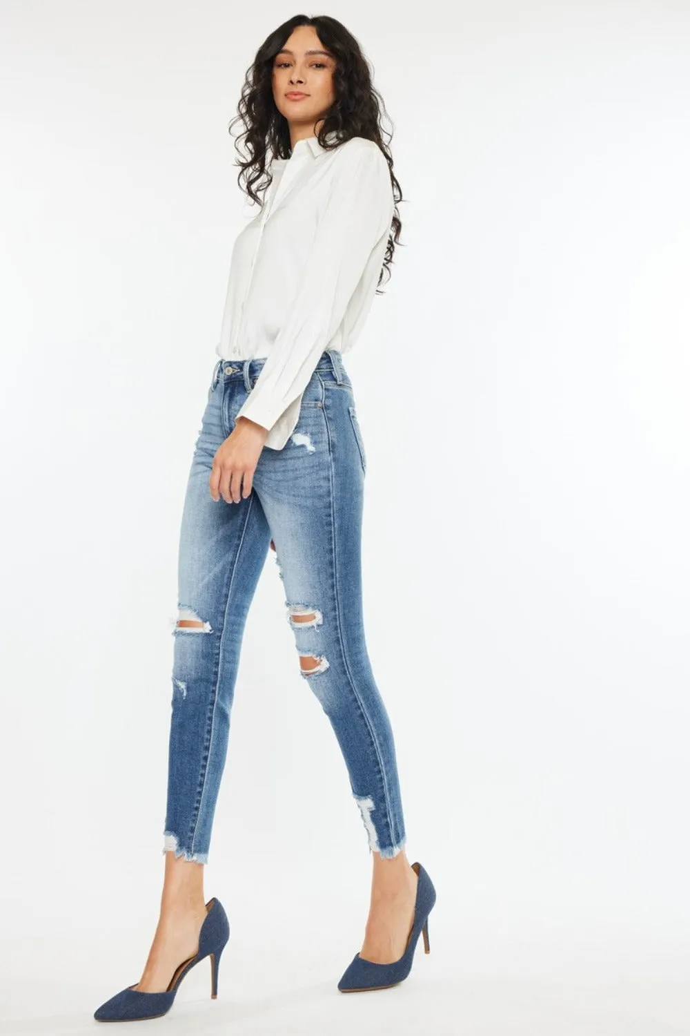 High Rise Frayed Ankle Skinny Jeans