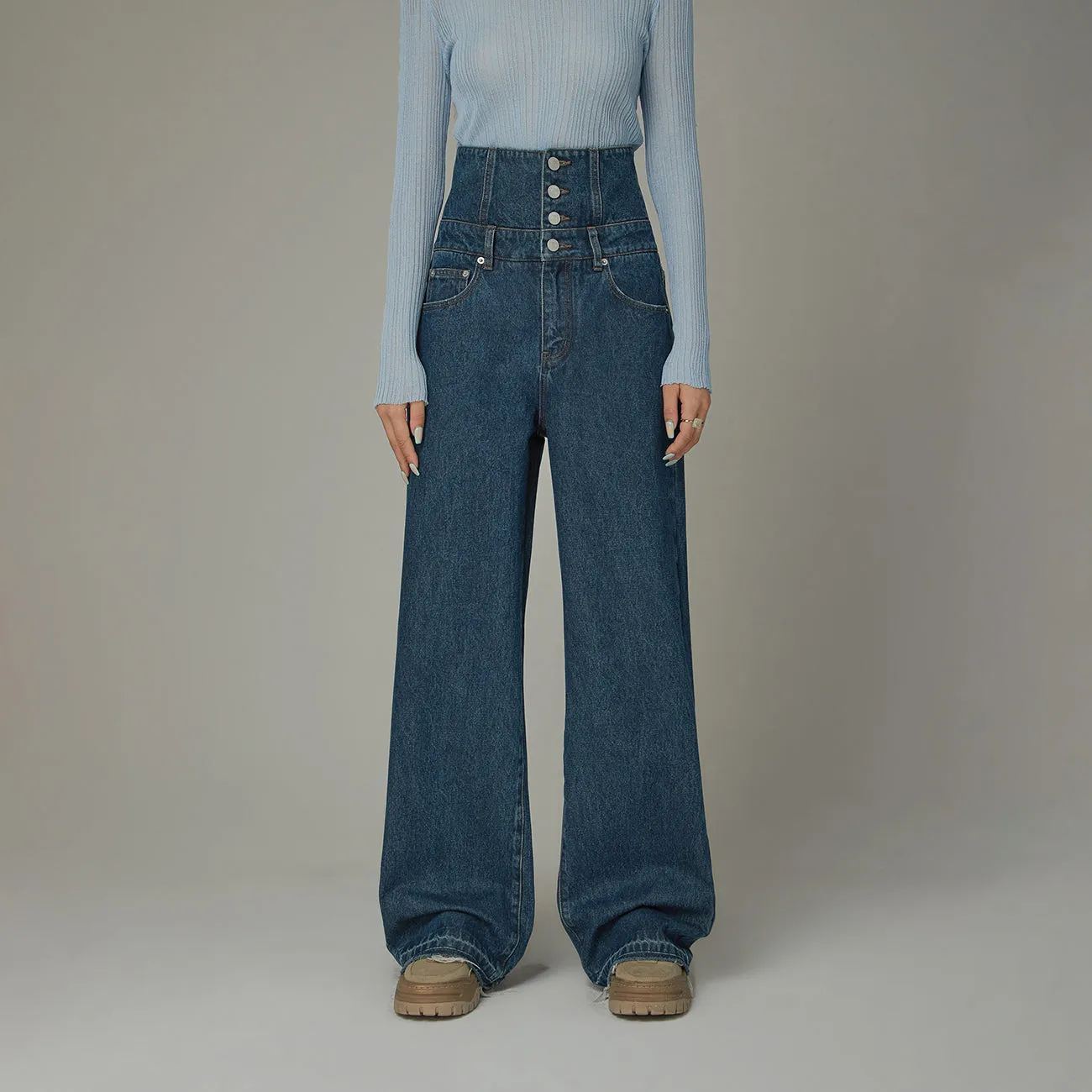 High Waisted Button Wide Denim Jeans