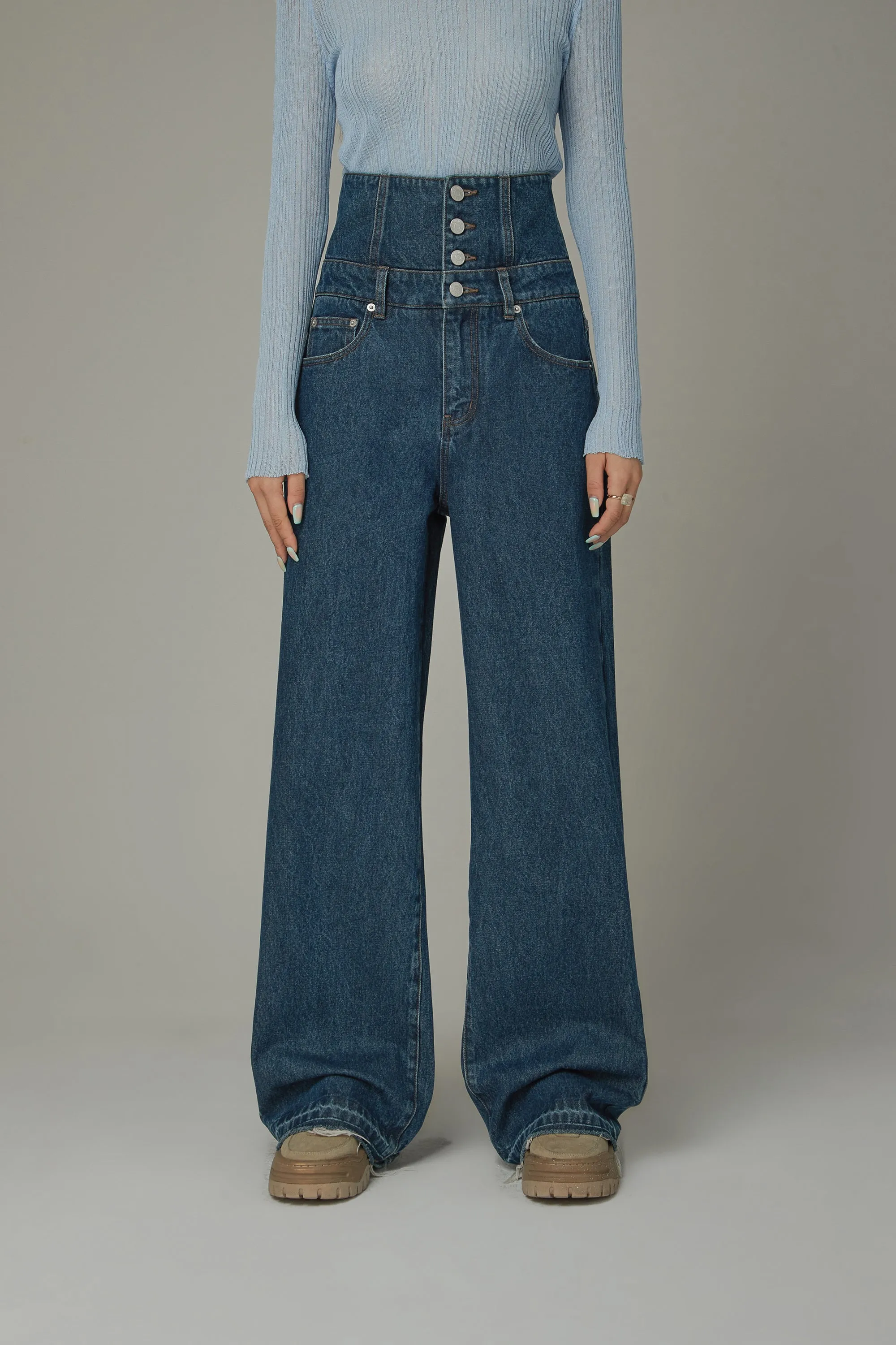 High Waisted Button Wide Denim Jeans