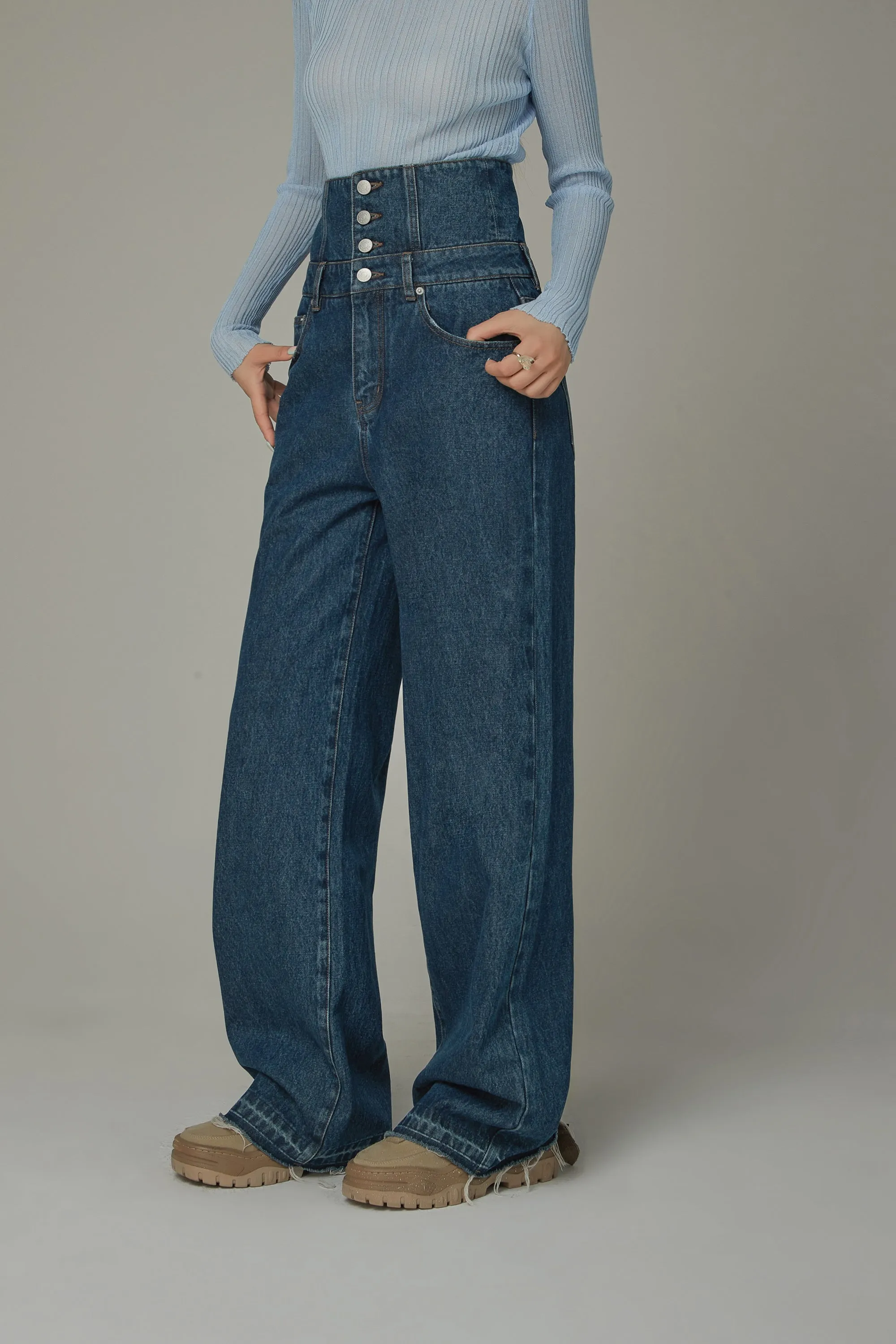 High Waisted Button Wide Denim Jeans