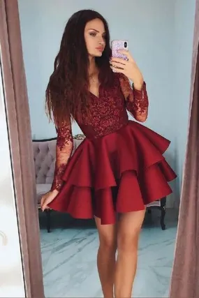 Hot Sale Burgundy Long Sleeves Lace V Neck Homecoming Dresses, Short Prom Dress, SH472