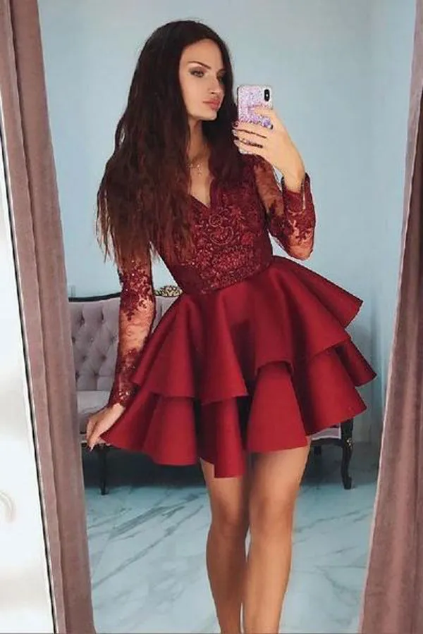 Hot Sale Burgundy Long Sleeves Lace V Neck Homecoming Dresses, Short Prom Dress, SH472