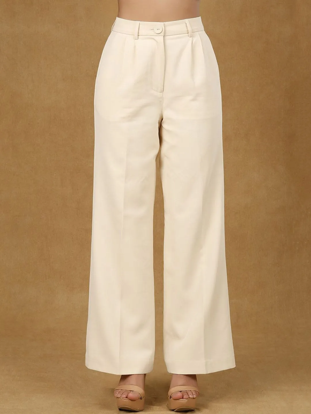 Ivory Pleated High Waist Wide Leg Trouser