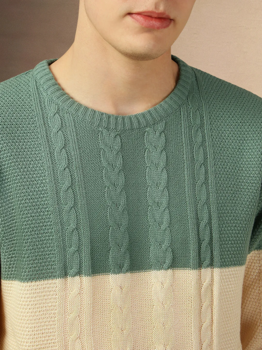 Men's Sage Green Crew Neck Full Sleeves Slim Fit Pullover Sweater