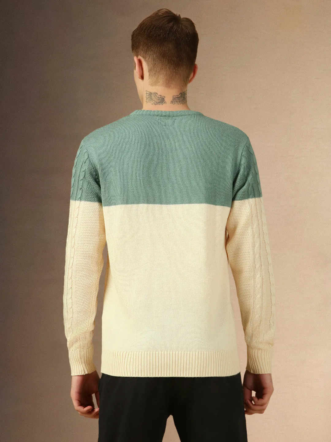 Men's Sage Green Crew Neck Full Sleeves Slim Fit Pullover Sweater