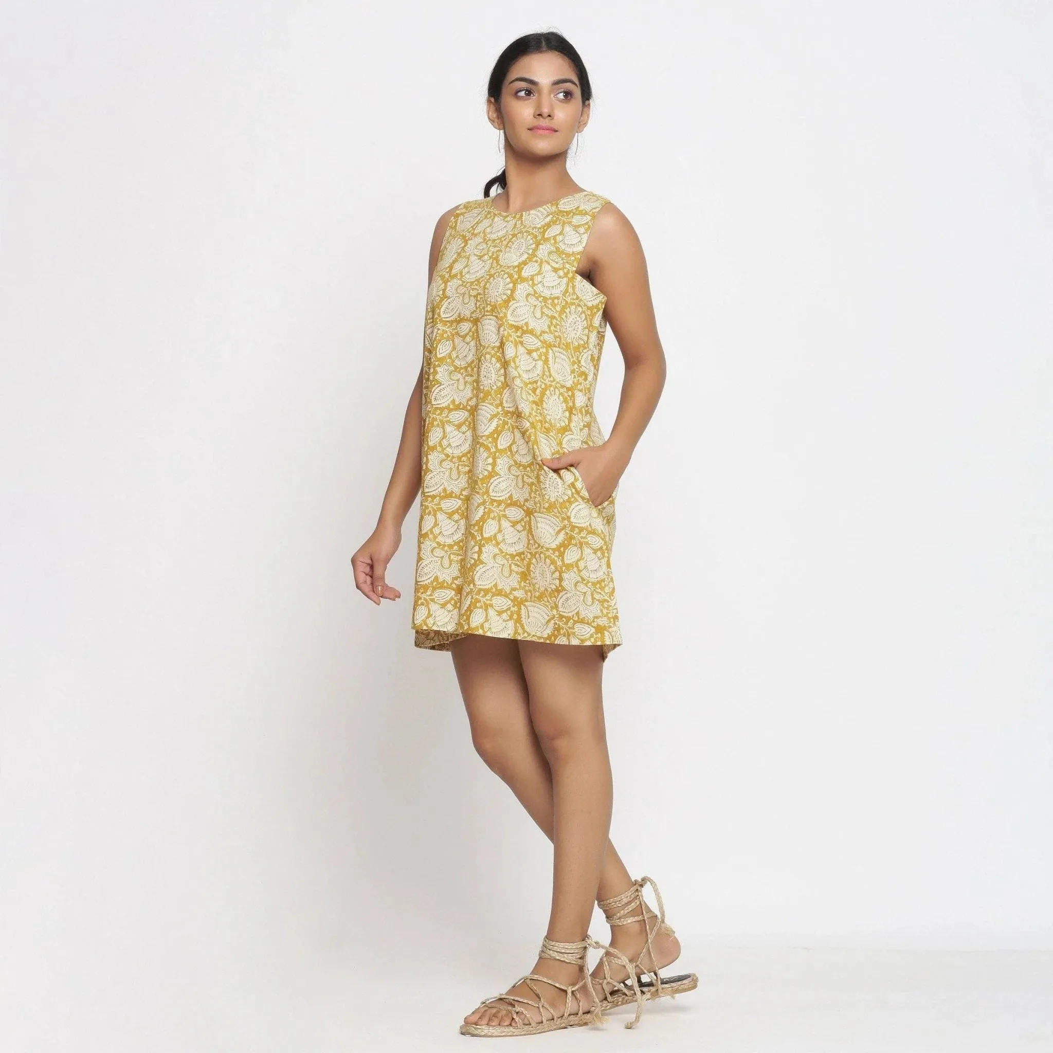 Mustard Cotton Block Print Shift Short Dress