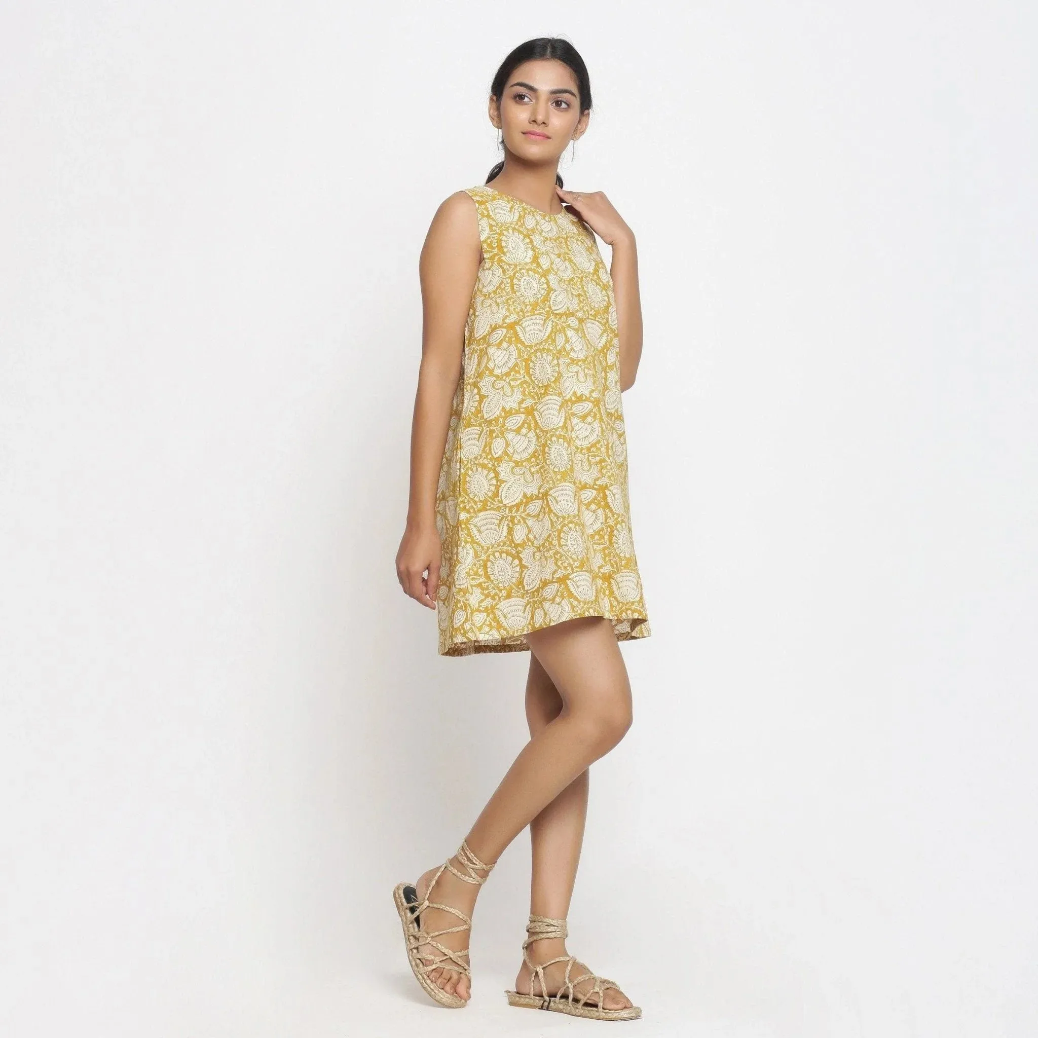 Mustard Cotton Block Print Shift Short Dress