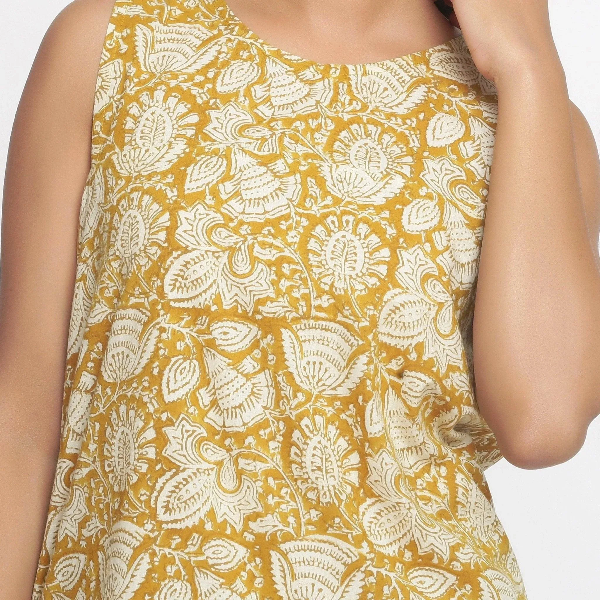 Mustard Cotton Block Print Shift Short Dress