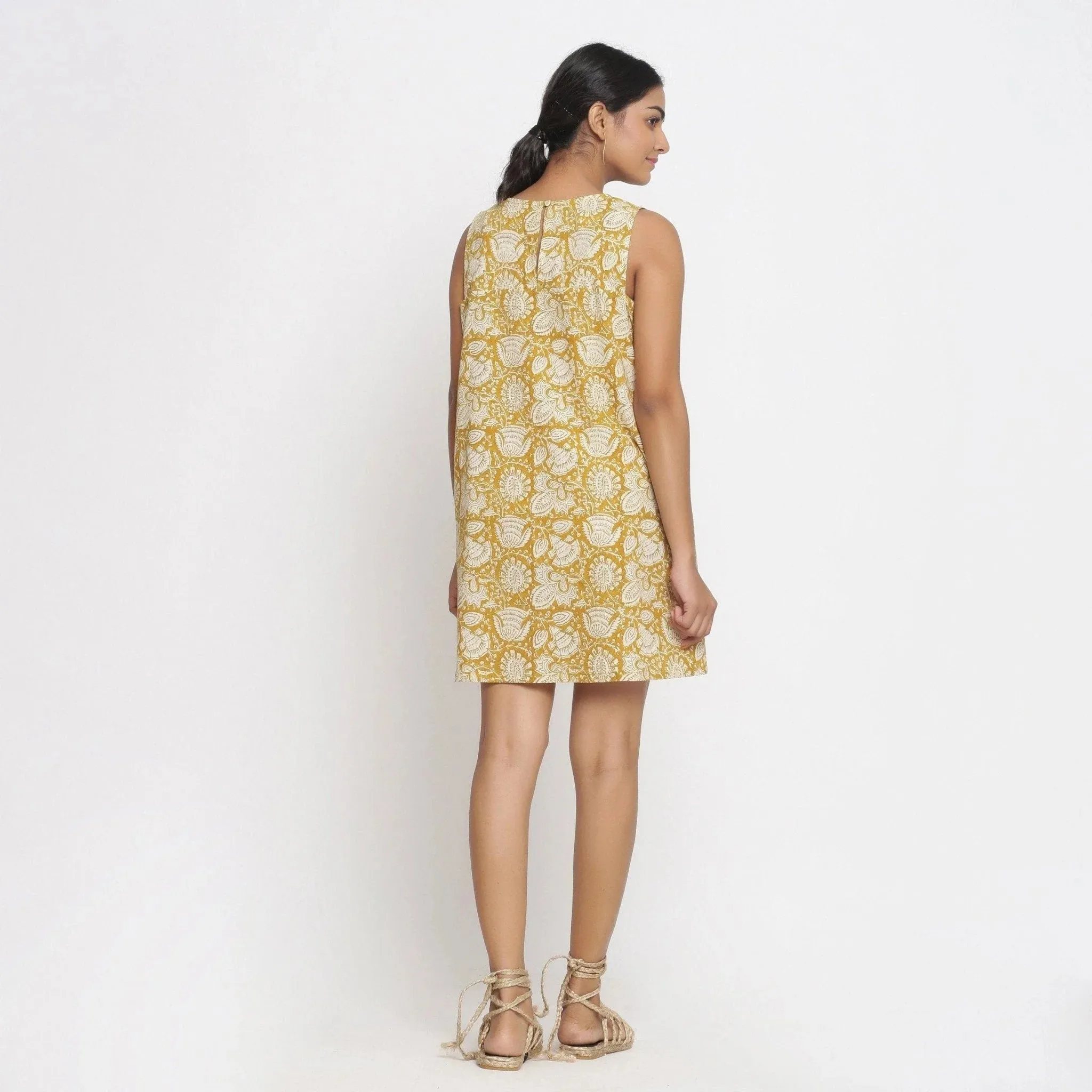 Mustard Cotton Block Print Shift Short Dress