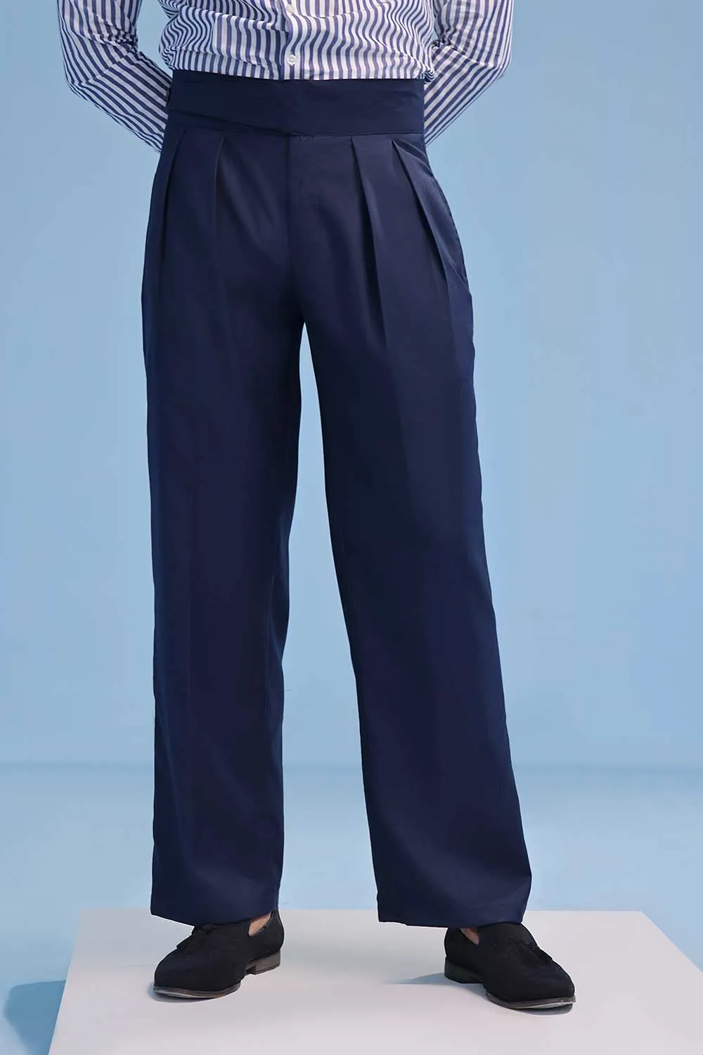 Navy Blue High Waisted Wide Leg Side Tab Trousers