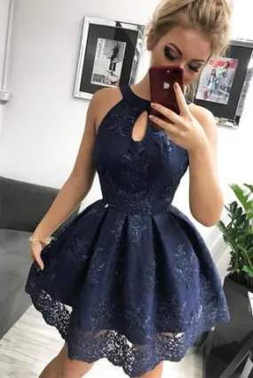 Navy Blue Lace Homecoming Dresses, Simple Sleeveless Short Party Dresses OKM34