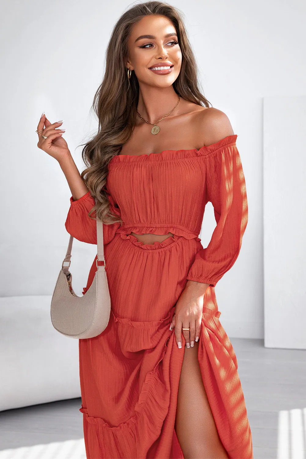 Off Shoulder Balloon Ruffled Maxi Dress