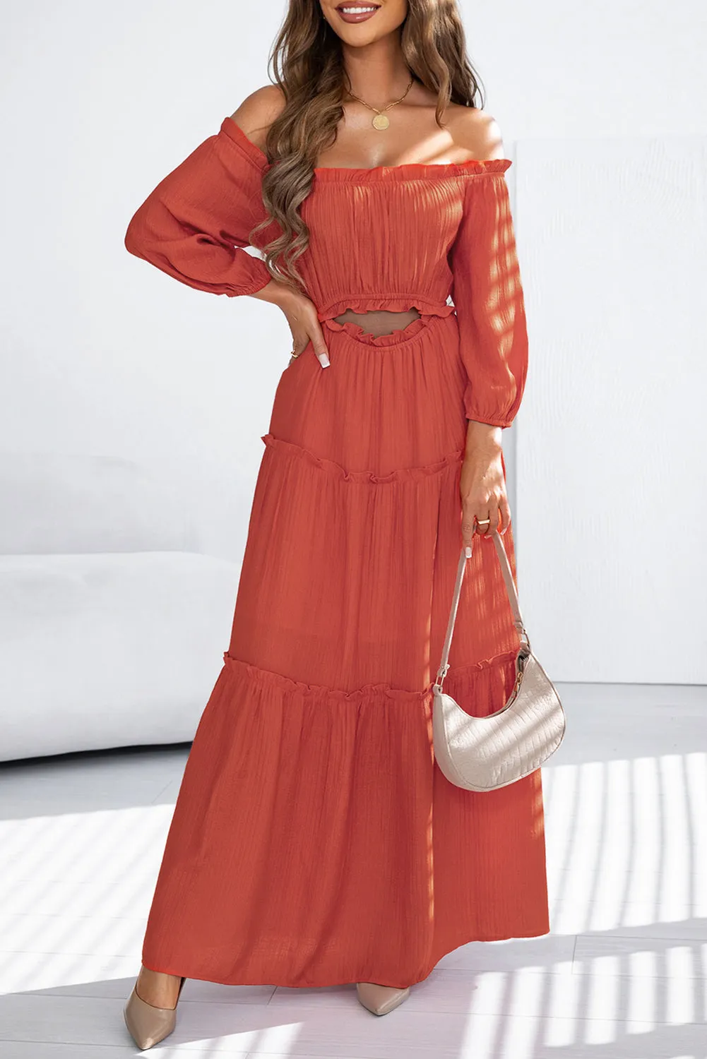 Off Shoulder Balloon Ruffled Maxi Dress