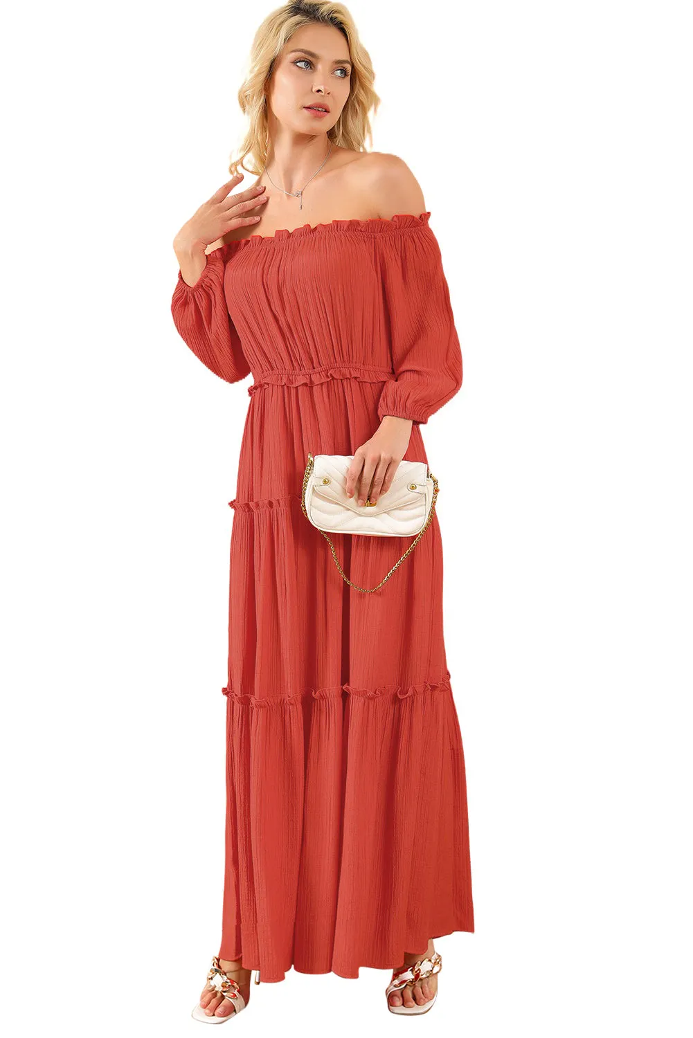 Off Shoulder Balloon Ruffled Maxi Dress