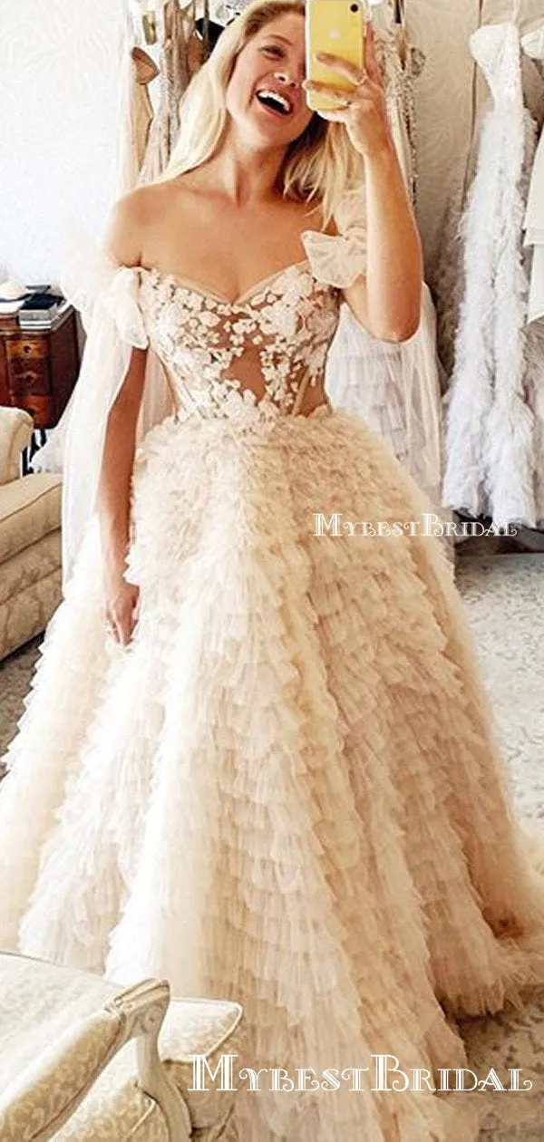 Off Shoulder Ivory Tulle Charming Long Cheap Wedding Dresses, PDS0062