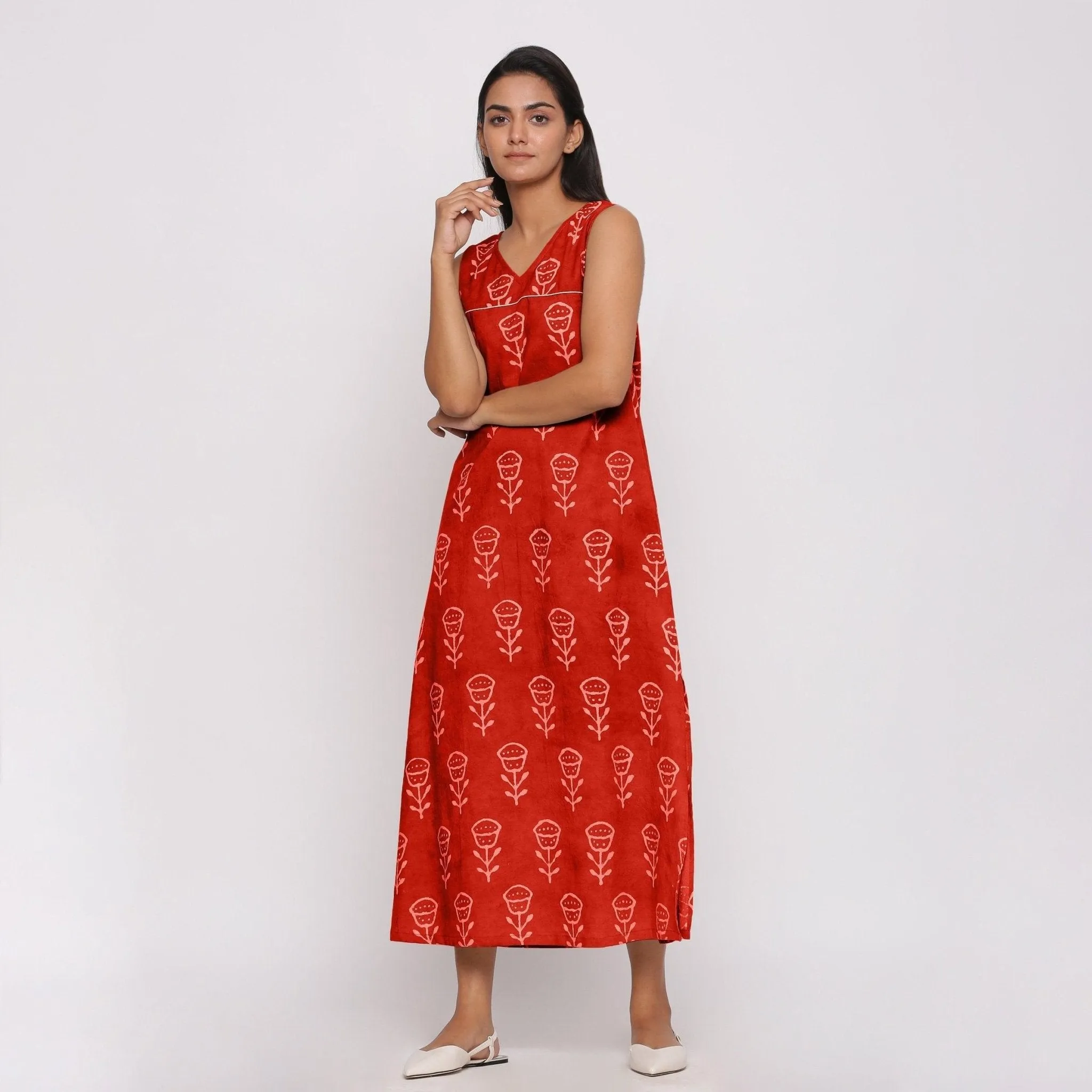 Orange Floral Block Print Cotton Shift Maxi Dress