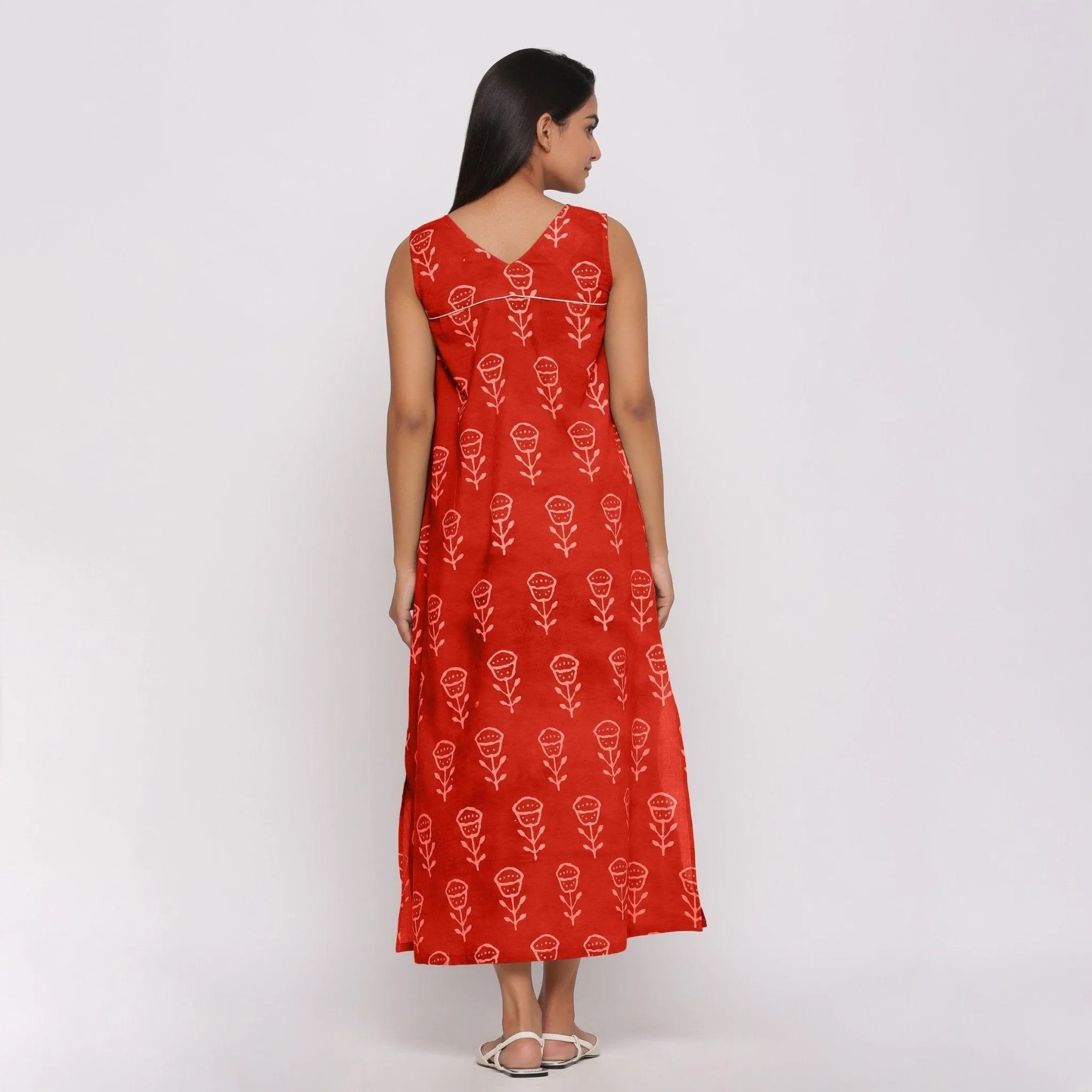 Orange Floral Block Print Cotton Shift Maxi Dress