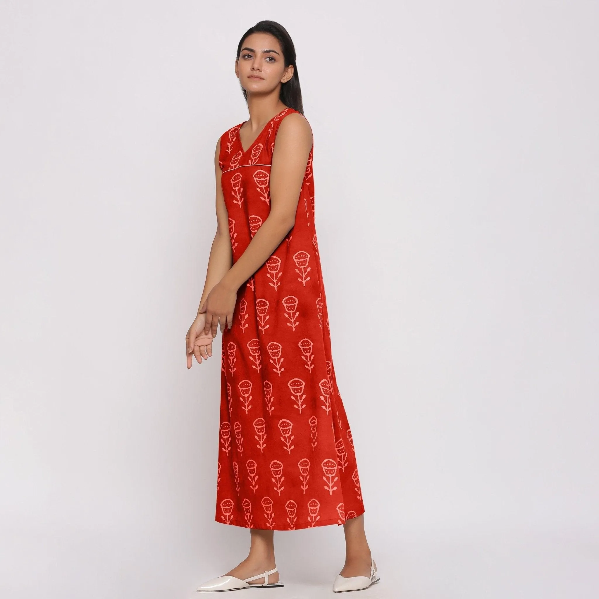 Orange Floral Block Print Cotton Shift Maxi Dress