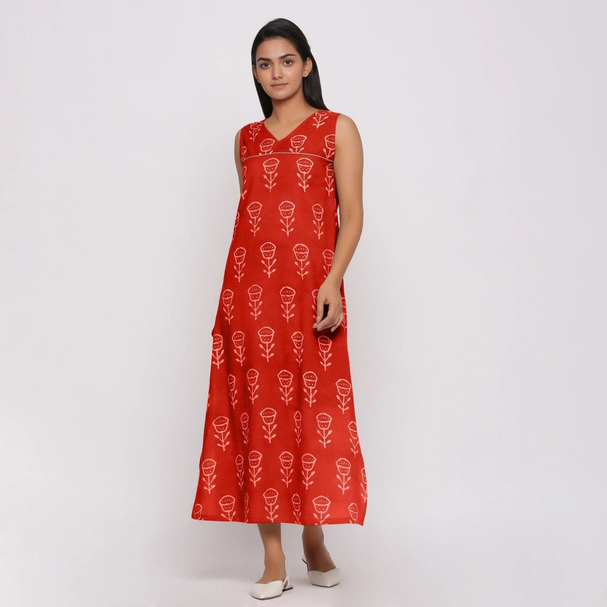 Orange Floral Block Print Cotton Shift Maxi Dress