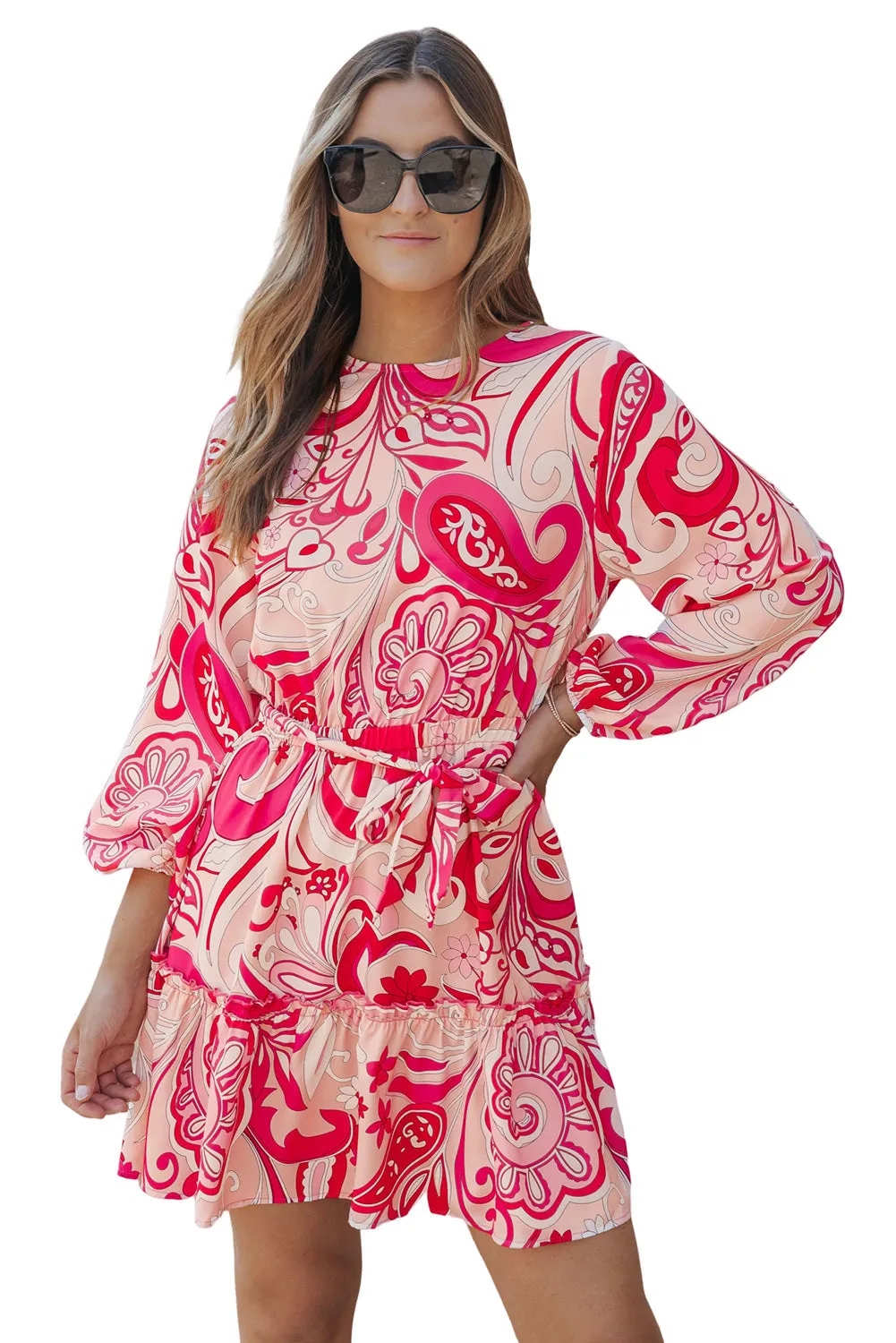 Paisley Keyhole Back Belted Mini Dress