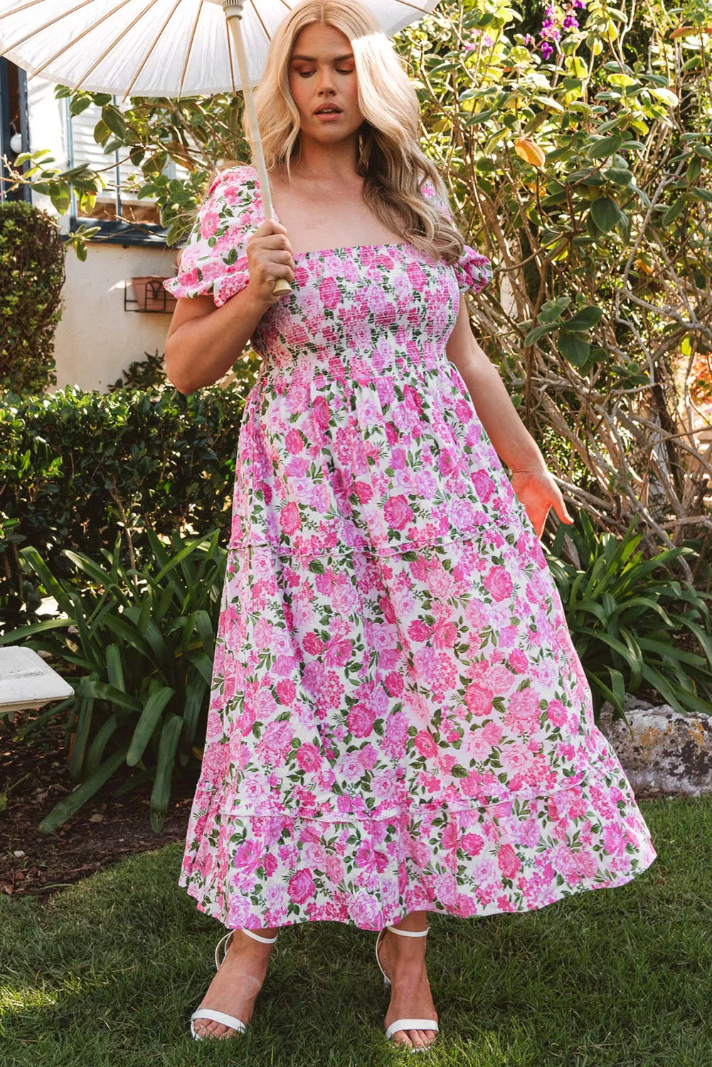 Plus Size Floral Smocked Puff Sleeve Dress