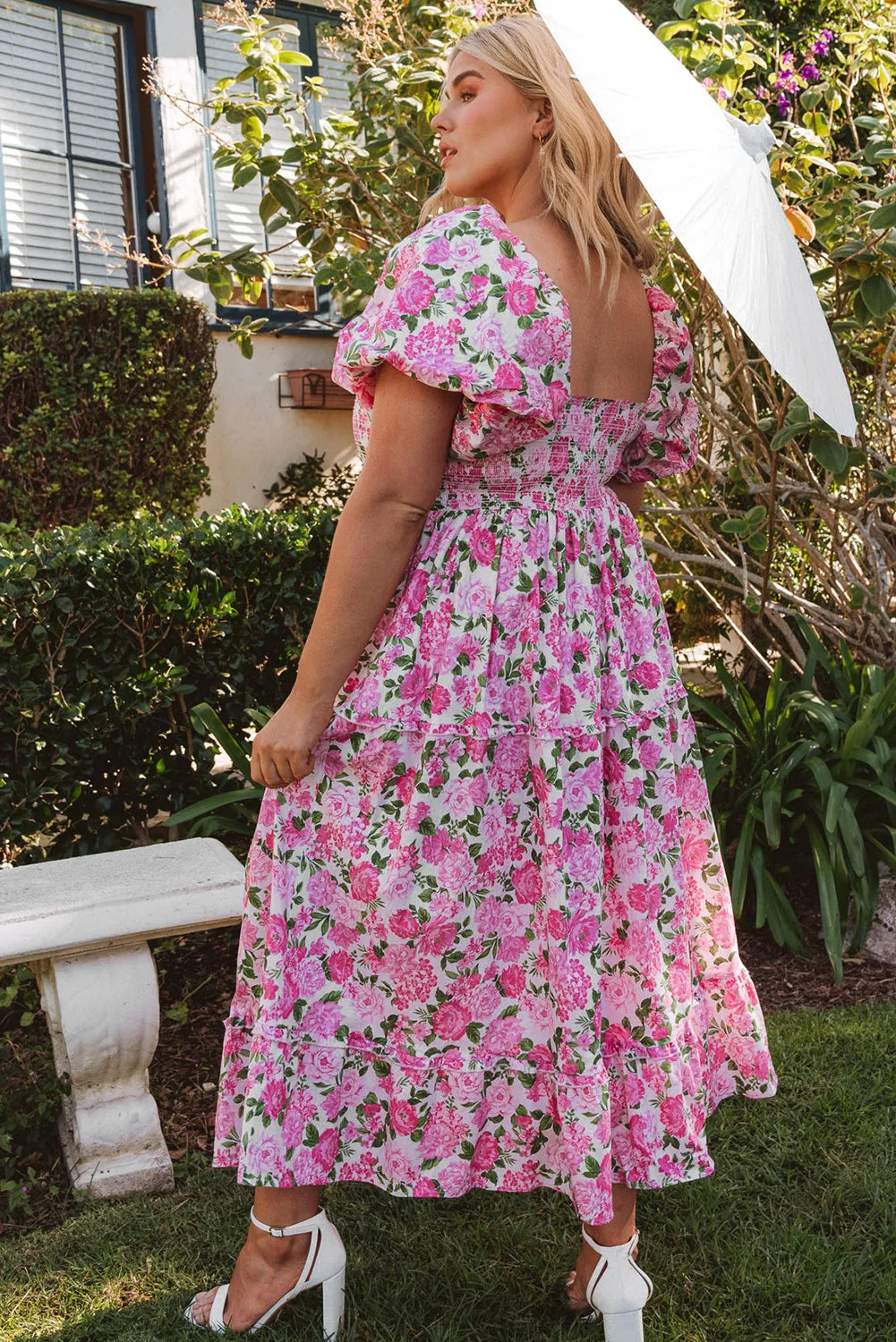 Plus Size Floral Smocked Puff Sleeve Dress