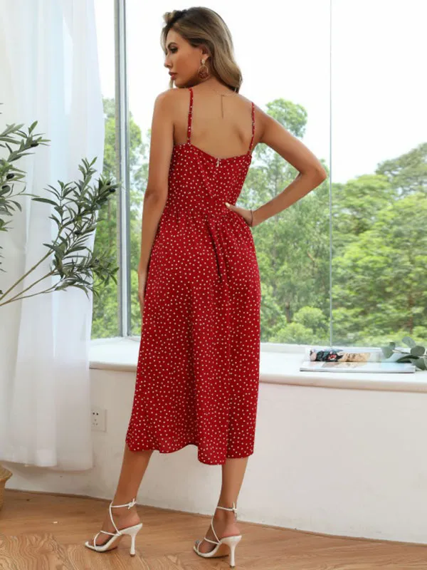 Polka Dot Print A-Line Midi Dress with Button-Up Front