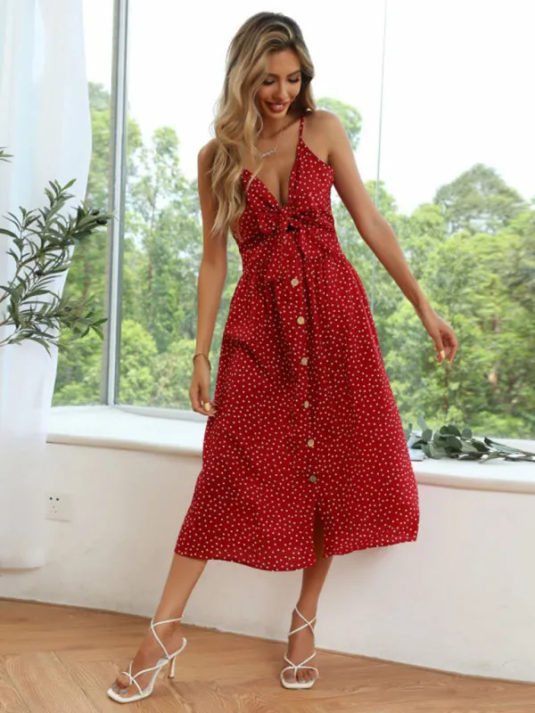 Polka Dot Print A-Line Midi Dress with Button-Up Front