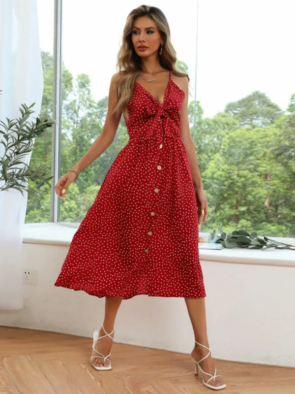 Polka Dot Print A-Line Midi Dress with Button-Up Front