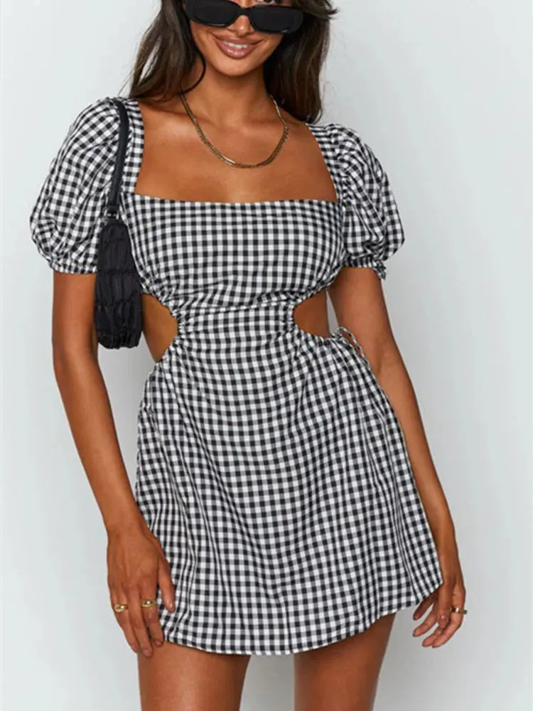 Retro Backless Tie Up Casual Square Neck Short A-Line Dress