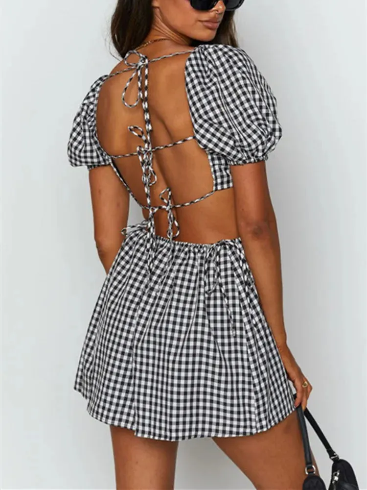 Retro Backless Tie Up Casual Square Neck Short A-Line Dress