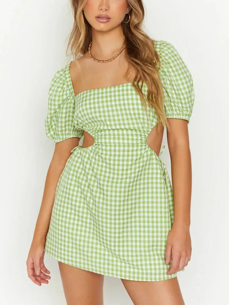 Retro Backless Tie Up Casual Square Neck Short A-Line Dress