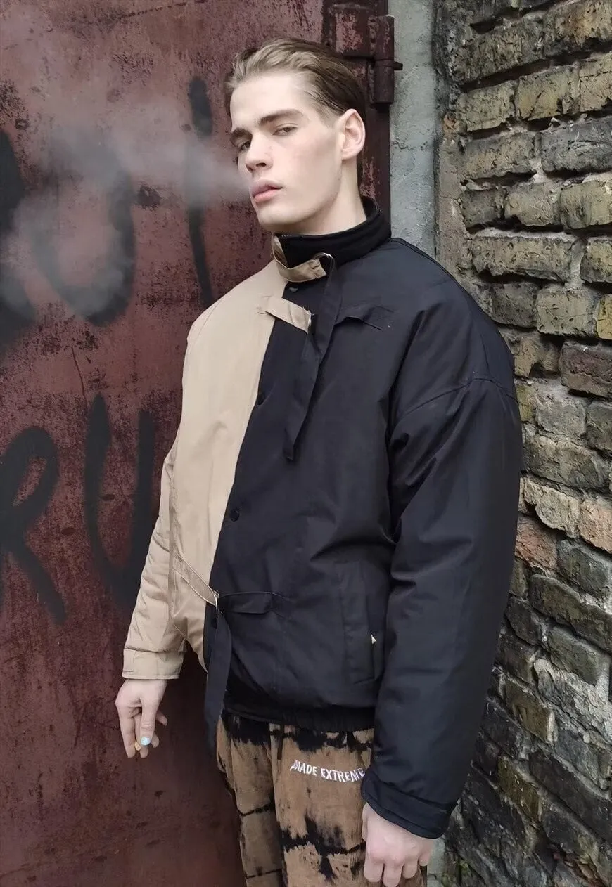 Reworked contrast bomber two colour puffer jacket black