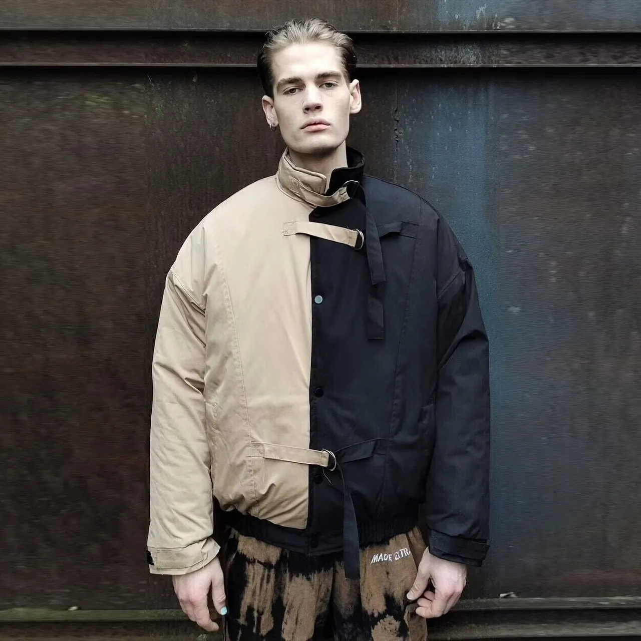 Reworked contrast bomber two colour puffer jacket black