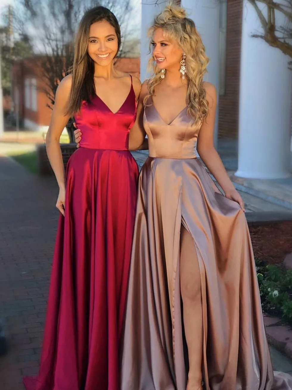 Simple Satin Spaghetti Straps Neckline A-line Prom Dress PD170