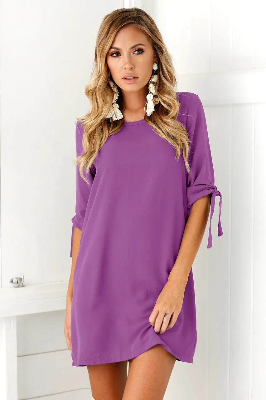 Simple Solid O-Neck Short Sleeve Chiffon Shift Dress