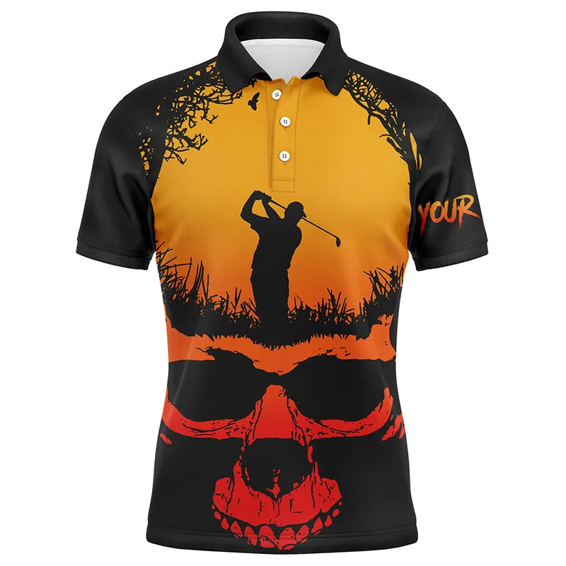 Skull Playing Golf Halloween Mens Polo Shirts Custom Orange Scary Golf Shirts For Men Golf Gifts