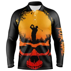 Skull Playing Golf Halloween Mens Polo Shirts Custom Orange Scary Golf Shirts For Men Golf Gifts