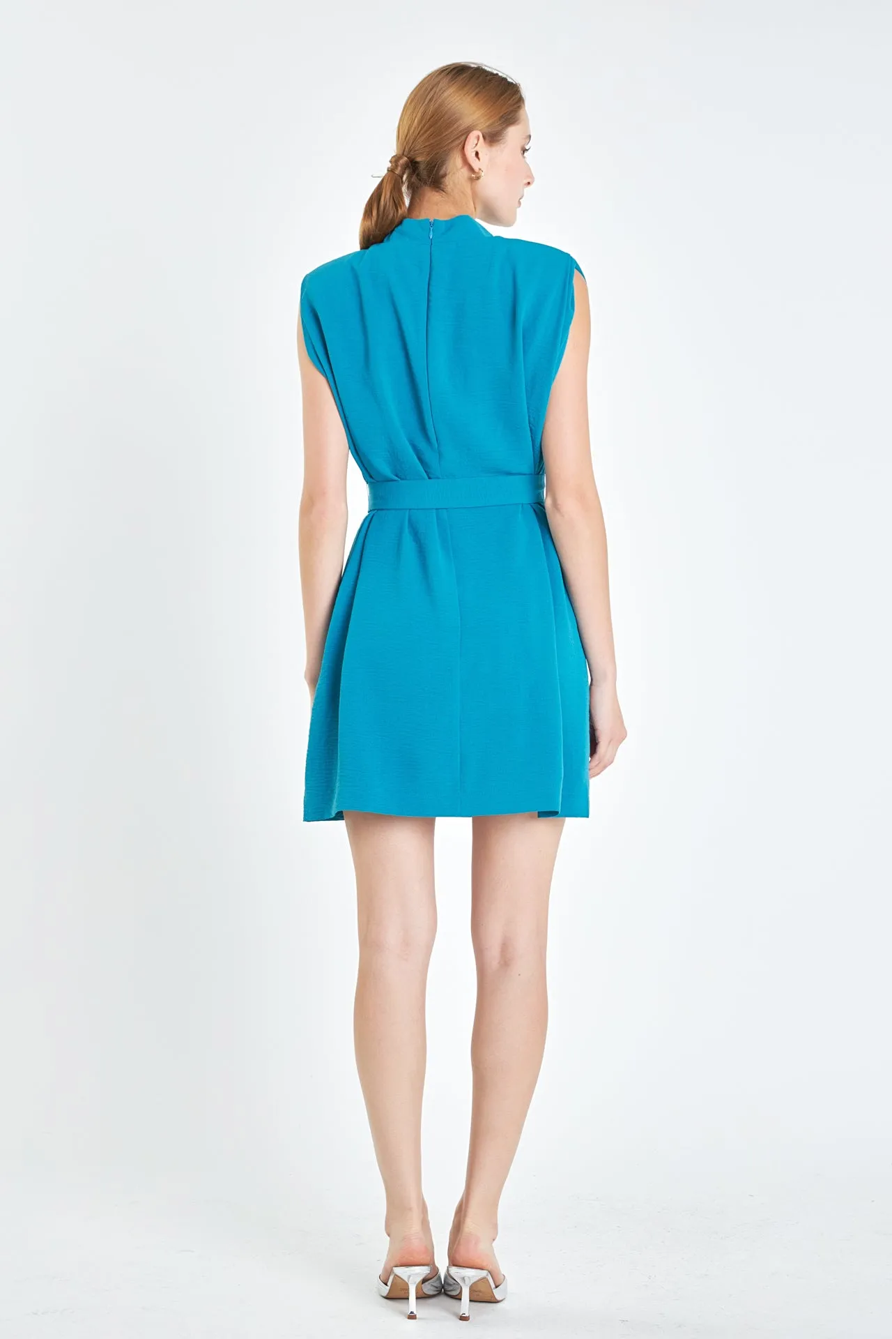 Sleveless Shoulder Pad Shift Dress with Tie