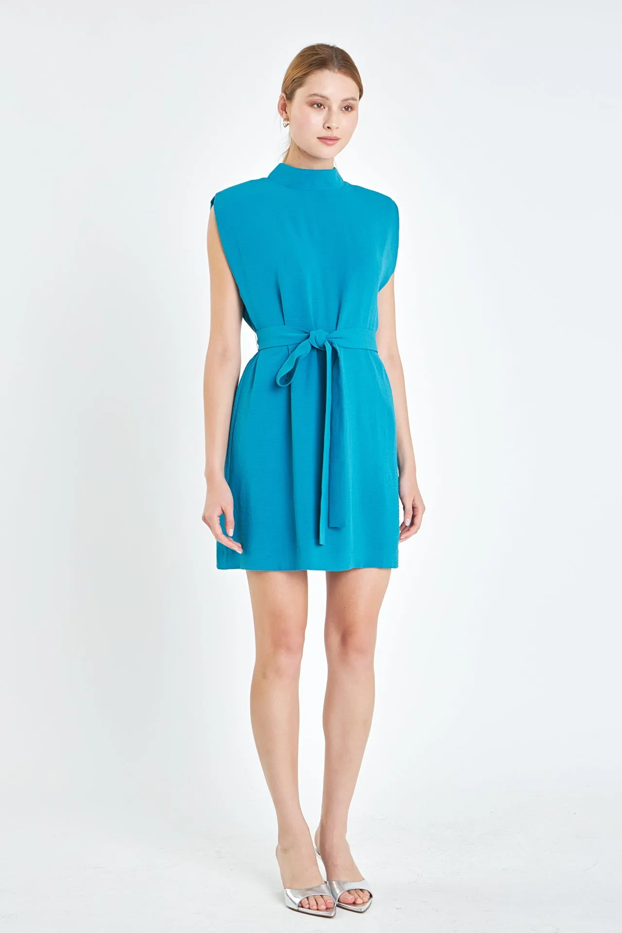 Sleveless Shoulder Pad Shift Dress with Tie