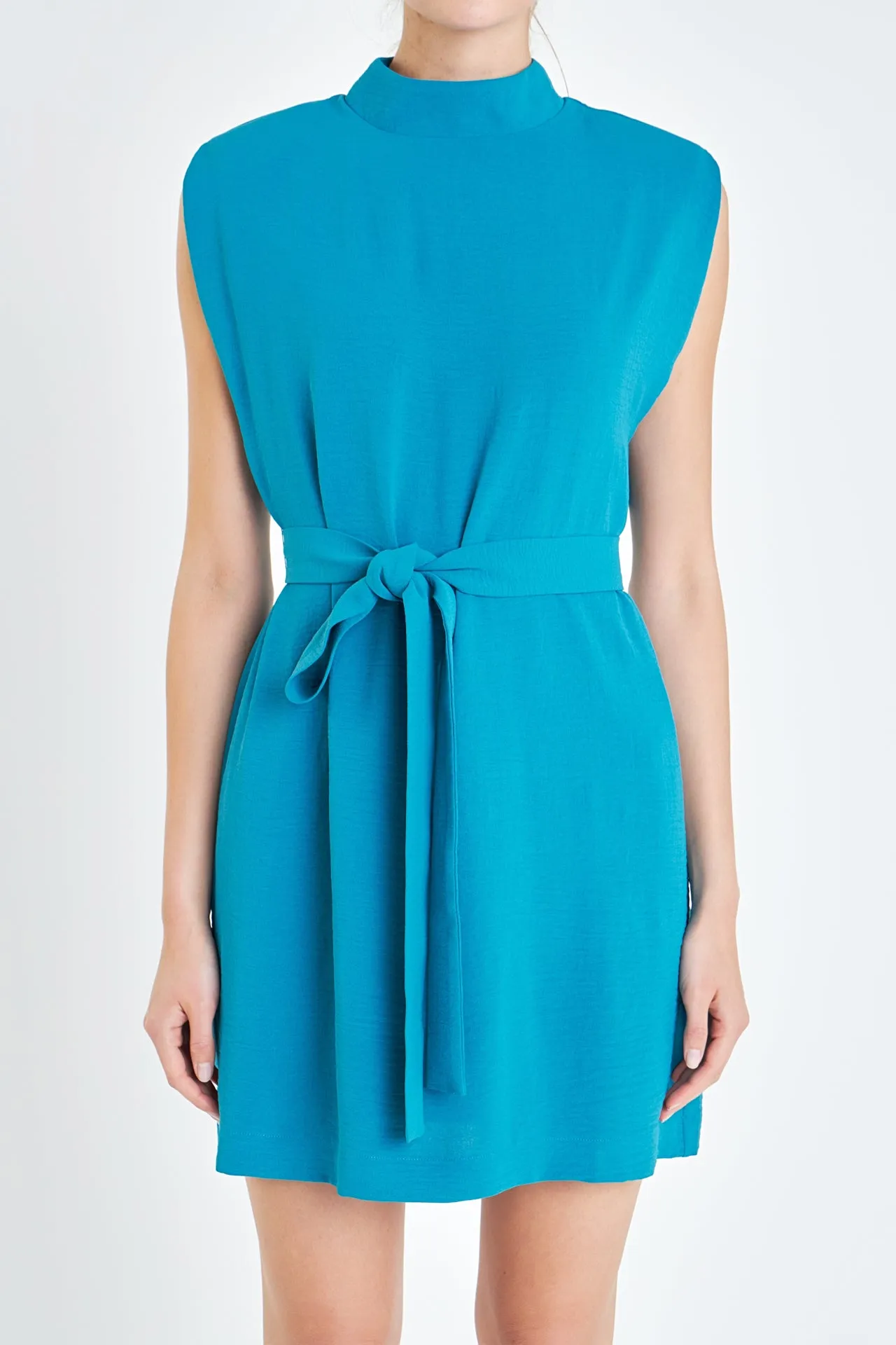 Sleveless Shoulder Pad Shift Dress with Tie