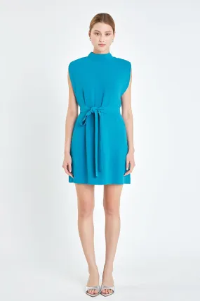 Sleveless Shoulder Pad Shift Dress with Tie