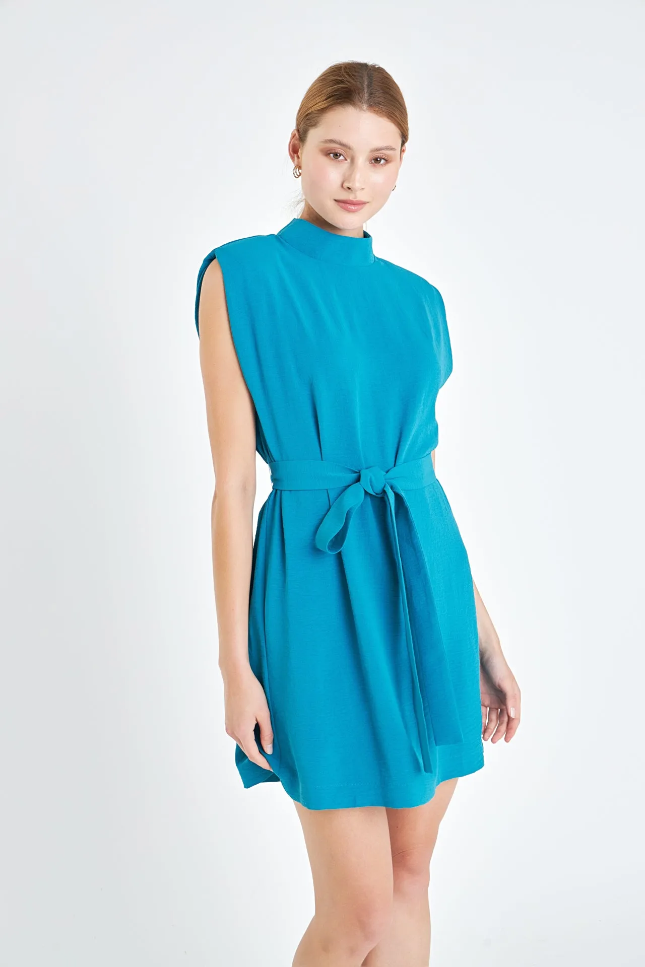 Sleveless Shoulder Pad Shift Dress with Tie