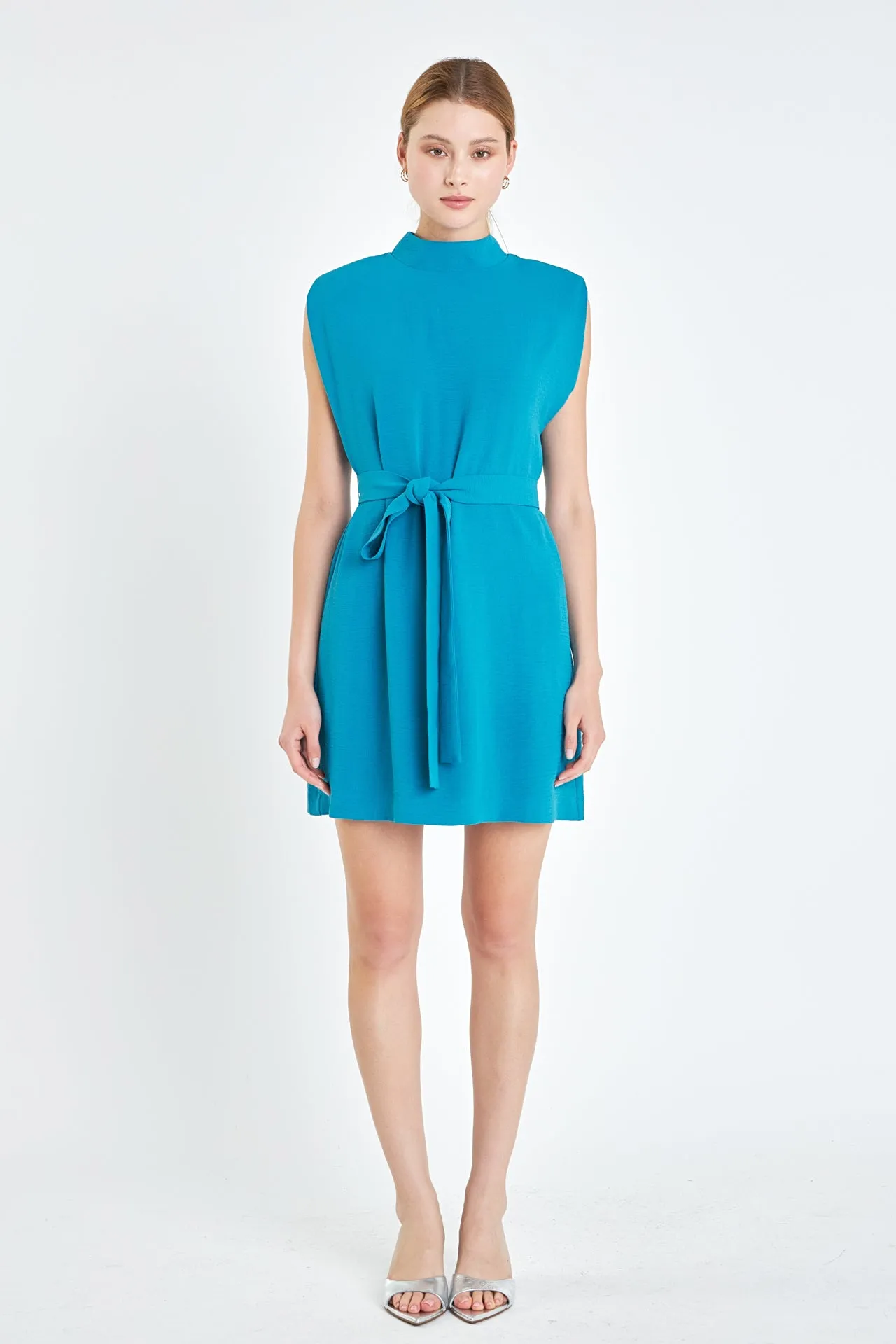 Sleveless Shoulder Pad Shift Dress with Tie