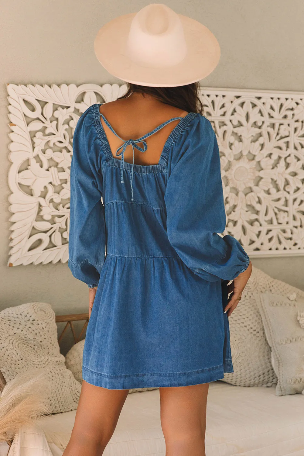 Square Neck Side Fit Denim Mini Dress