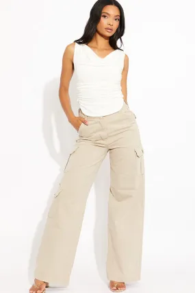 Stone  Trendy Denim High Waist Wide Leg Cargo Trousers