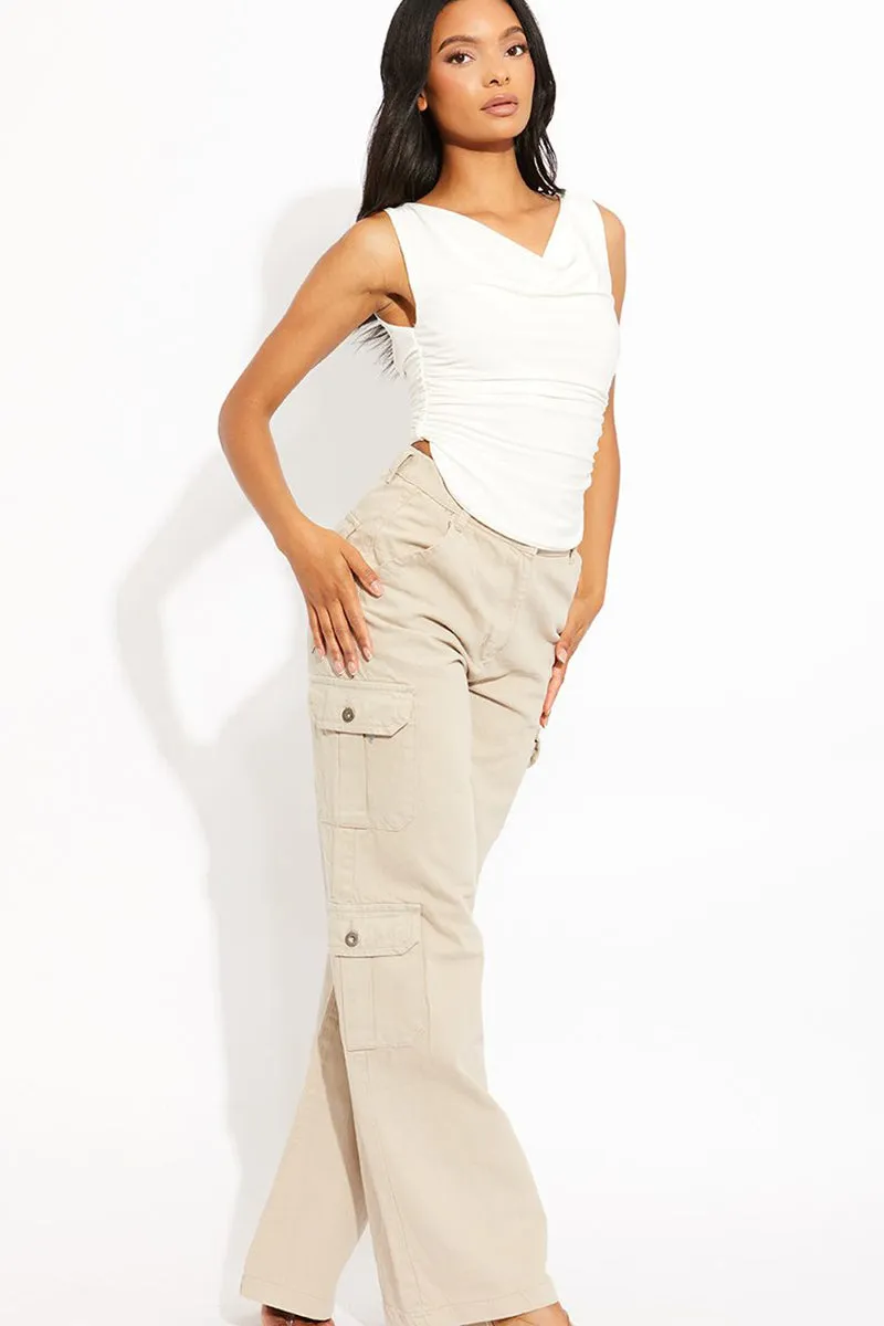 Stone  Trendy Denim High Waist Wide Leg Cargo Trousers