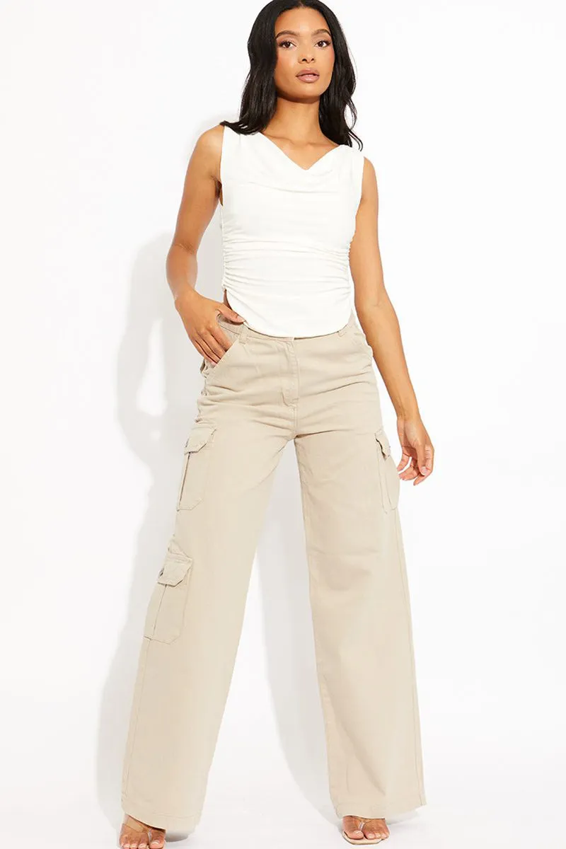 Stone  Trendy Denim High Waist Wide Leg Cargo Trousers