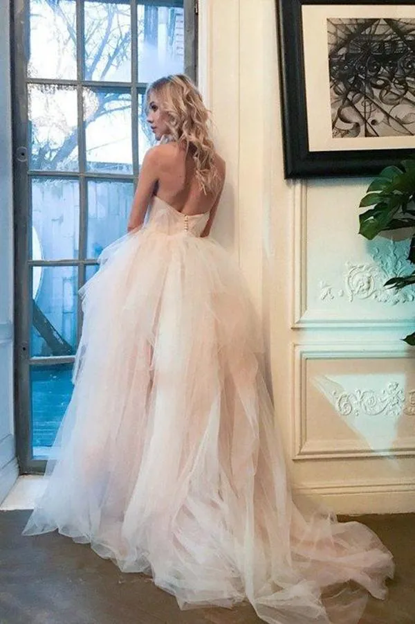 Strapless Sweetheart Backless A Line Strapless Tulle Long Wedding Dresses